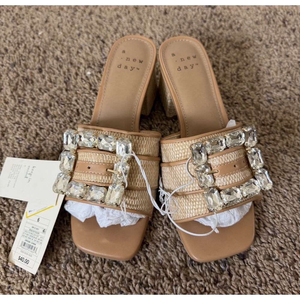 A New Day Rhinestone Buckle Block Heel 6 Slide Sandals Beige Women’s - Picture 3 of 8